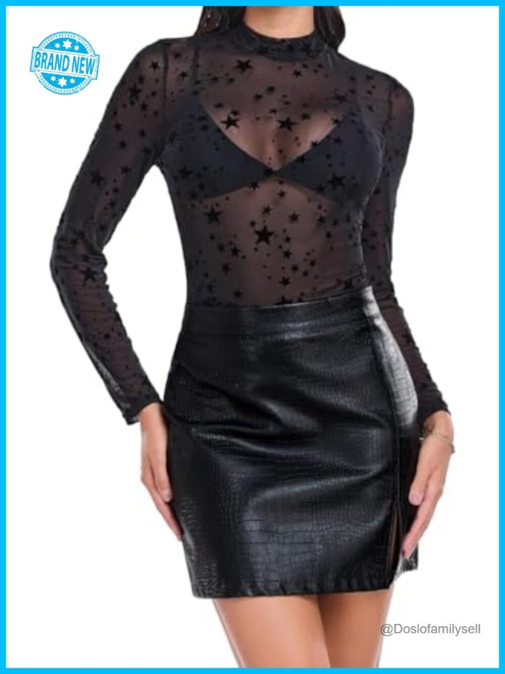 Women's Mesh Long Sleeve Mock Neck Sheer See Through Top Party Blouse